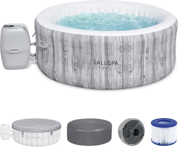 Bestway SaluSpa Fiji AirJet Large Round 2 to 4 Person Inflatable Hot Tub Portable Outdoor Spa with 120 AirJets and EnergySense Cover, Grey