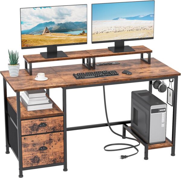 b148b2b375dc4bb5af35df59f3306bf7 Furologee Computer Desk with Drawer and Power Outlets, 47′′ Office Desk with 2 Monitor Stands and Fabric File Cabinet, Writing Gaming Table with Shelves and 2 Hooks for Home Office, Rustic Brown