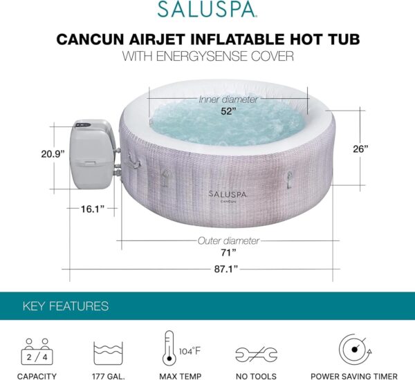 Bestway SaluSpa Fiji AirJet Large Round 2 to 4 Person Inflatable Hot Tub Portable Outdoor Spa with 120 AirJets and EnergySense Cover, Grey