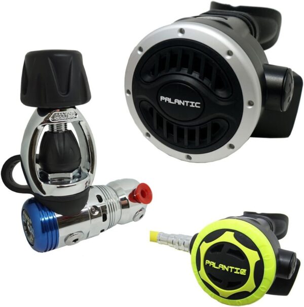 Palantic AS103 Yoke Regulator & Octopus Combo for Scuba Diving | High-Performance Over-Balanced Regulator, Silicone Mouthpiece, 27′′ Hose, Large Purge Button, 36′′ Yellow Octopus Hose