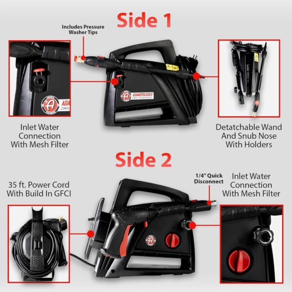 Electric Pressure Washer 2.0, Powerful 1.4 GPM 2000 PSI Car Pressure Washer Sprayer, Snub Nose & Tip Attachment, Use,Car Soap, Patio Boat RV Motorcycle Car Garage Deck Adam’s Polishes