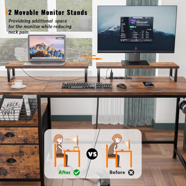 b30d4d61a03246e0a30040d2cdf30f1e Furologee Computer Desk with Drawer and Power Outlets, 47′′ Office Desk with 2 Monitor Stands and Fabric File Cabinet, Writing Gaming Table with Shelves and 2 Hooks for Home Office, Rustic Brown