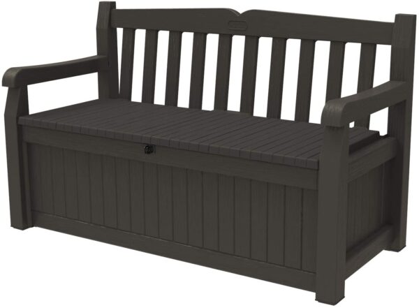 Keter Solana 70 Gallon Storage Bench Deck Box for Patio Furniture, Front Porch Decor and Outdoor Seating �� Perfect to Store Garden Tools and Pool Toys, Brown