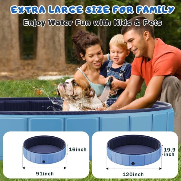 Foldable Dog Swimming Pool, 120′′x20′′ Oversize Collapsable Hard Plastic Potable Bathing Tub for Pet Dog Kiddie Pool Indoor and Outdoor Leakproof PVC Play Pool for Large Dogs Pets Puppy Kids Blue