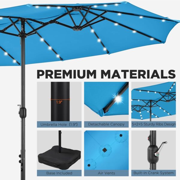 b45180d6c04d4219b234e18054e83a4e 15 ft Large Patio Umbrella with Solar Lights Double-Sided Outdoor Rectangle Market Umbrellas with 36 LED Lights/Base Included/Easy Crank for Patio Garden Yard Pool Lawn, Brown
