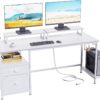 Furologee Computer Desk with Drawer and Power Outlets, 47′′ Office Desk with 2 Monitor Stands and Fabric File Cabinet, Writing Gaming Table with Shelves and 2 Hooks for Home Office, Rustic Brown