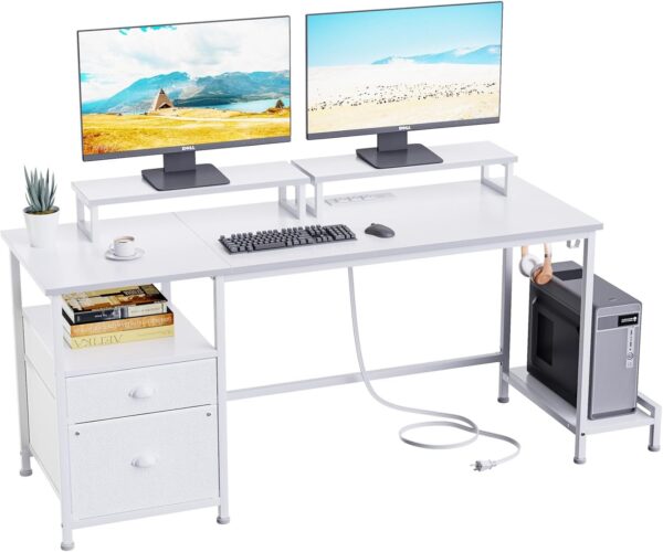 b47ccbab8db34e21ab820e15d1f9266f Furologee Computer Desk with Drawer and Power Outlets, 47′′ Office Desk with 2 Monitor Stands and Fabric File Cabinet, Writing Gaming Table with Shelves and 2 Hooks for Home Office, Rustic Brown
