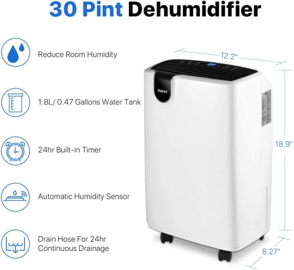 b4b0bddedd2d405ca948a95f76337408 30 Pint Dehumidifier for Home Basements Bedroom Garage, Mid-Size Portable with Continuous Drain Hose Outlet and Wheel, 4 Gallons/Day Intelligent Humidity Control for Space Up to 1500 Sq Ft