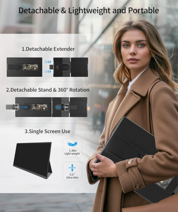 Laptop Screen Extender – 15.6′′ FHD 1080P Portable Monitor for Laptop, Detachable & Plug and Play Dual Laptop Monitor Extender for 13′′-17.3′′ Laptops, Compatible with Wins/Mac/Android/Chrome