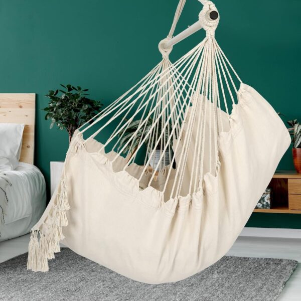 b5631c6527164c63be9ed9125e89bbd2 Y- Stop Hammock Chair Hanging Rope Swing, Max 500 Lbs, 2 Cushions Included, Large Macrame Hanging Chair with Pocket for Superior Comfort, with Hardware Kit (Beige)