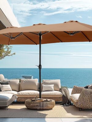 15ft Patio Umbrella Double-Sided Outdoor Market Extra Large Umbrella with Crank, Umbrella Base Included (Dark Red)