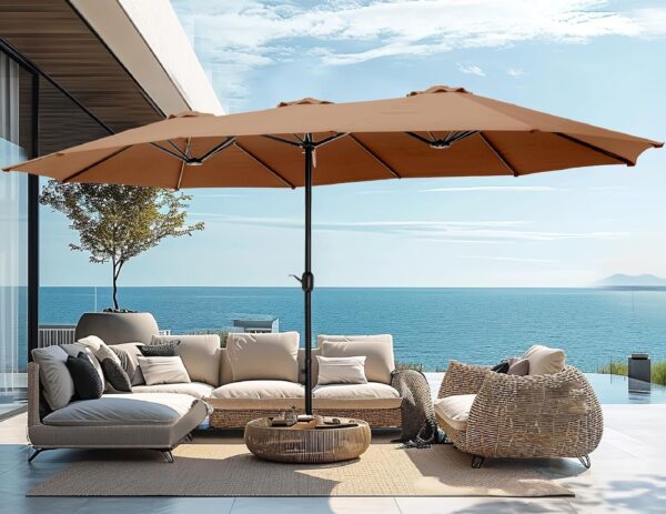 b56caf53afc143c7a59f2beb9648511f 15ft Patio Umbrella Double-Sided Outdoor Market Extra Large Umbrella with Crank, Umbrella Base Included (Dark Red)