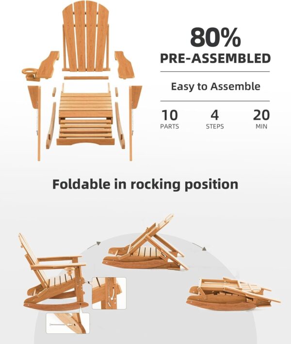 b5be5c965e42441d872688480db6003f Folding Adirondack Rocking Chair,4-in-1 Multifunctional Patio Chair with Retractable Ottoman, Outdoor Chair Wood Texture, Lawn Chair for Porch, Backyard, Pool(Grey)