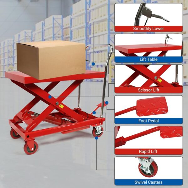 b5e293455a0948a88b0e8b90033ac37a 660LBS Hydraulic Lift Table Cart – 31′′ Lift Height, Double Scissor Design with 4 Wheels & Non-Slip Pad for Material Handling