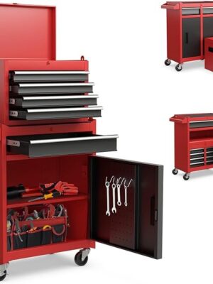 Goplus Rolling toolbox, 5-drawer toolbox organizer with lockable wheels and sliding drawers, removable top and adjustable shelves, garage workshop tool storage cabinet