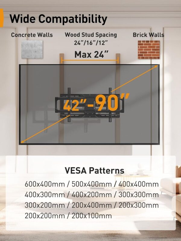 b5f7c9c6daf44a19af2df3b5672bcbe0 Perlegear UL-Listed Full Motion TV Wall Mount for 42–90 Inch TVs up to 150 lbs, Pre-Assembled TV Mount with Tool-Free Tilt, Swivel, Extension, Max VESA 600 x 400mm, 12′′/16′′/18′′/24′′ Wood Studs, PGLF16