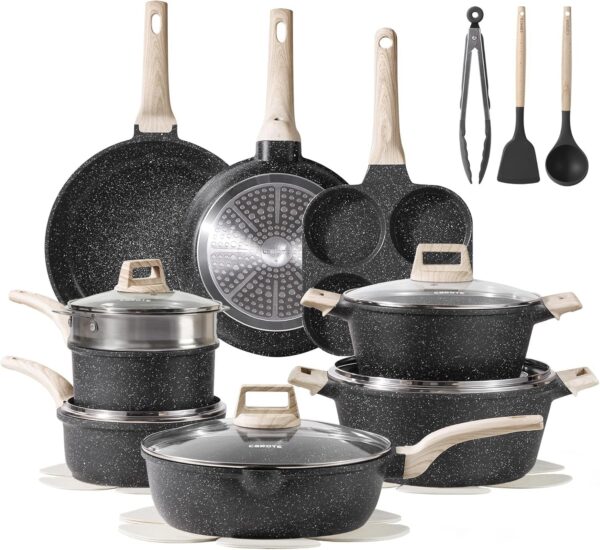 22pcs Pots and Pans Set Nonstick, Cookware Set White Granite Induction Kitchen Cooking Set w/Frying Pans & Saucepans& Grill Pan(PFOS, PFOA Free)