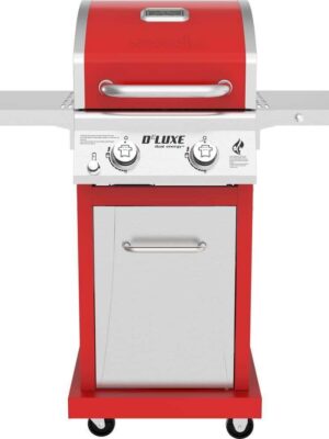 2-Burner Propane Gas Grill, Red – Stainless Steel, 28,000 BTUs, Compact Design