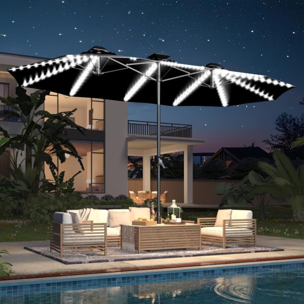 b68f969c8d0c45b6bf9d26e0a2b524b6 15ft Patio Umbrella with Solar Lights, Large Double Umbrella Outdoor, Rectangle 180”x106” Umbrellas with 156 PCS LED Lights and Crank Handle for Backyard Deck Pool Shade in Black(1.9′′ Pole)