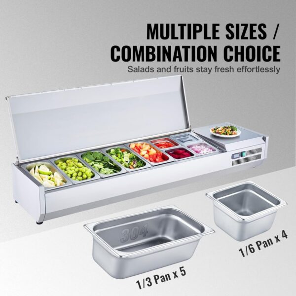 b6a41e1167ff41208cb84f565bd012ba Refrigerated Condiment Prep Station, 135 W Countertop Refrigerated Condiment Station, with 2 1/3 Pans & 4 1/6 Pans, 304 Stainless Body and PC Lid, Sandwich Prep Table with Stainless Guard, ETL