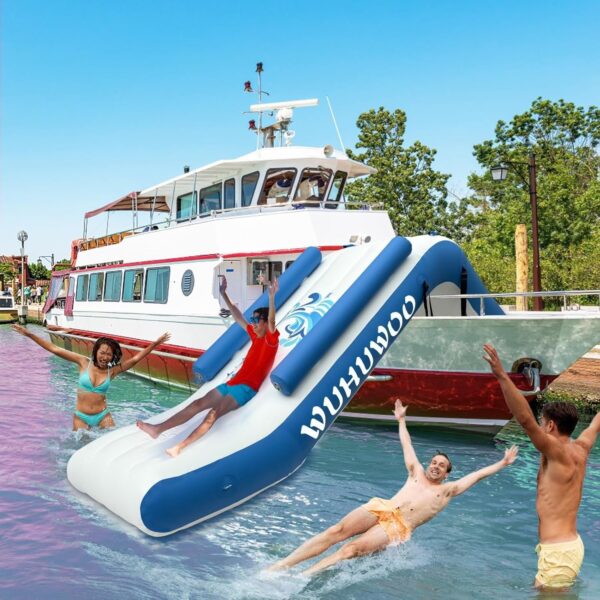 b72c850e9f0446bb8a8888dcc7af537c Pontoon Waterfall Slide, Inflatable Pontoon Boat Water Slide for Kids Backyard Pool Sea, Electric Air Pump & Storage Bag