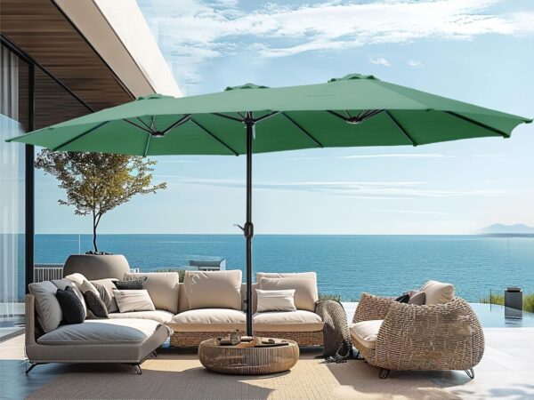 b75d09d3bf2946f3a5f89c0ea34b595a 15ft Patio Umbrella Double-Sided Outdoor Market Extra Large Umbrella with Crank, Umbrella Base Included (Dark Red)