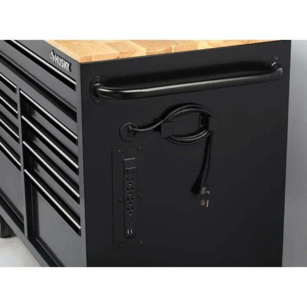 b7aaa846694b4aaba89404c1b86599dc 46 in. W x 24.5 in. D 9-Drawer Gloss Black Deep Tool Chest Mobile Workbench with Hardwood Top and Power Station