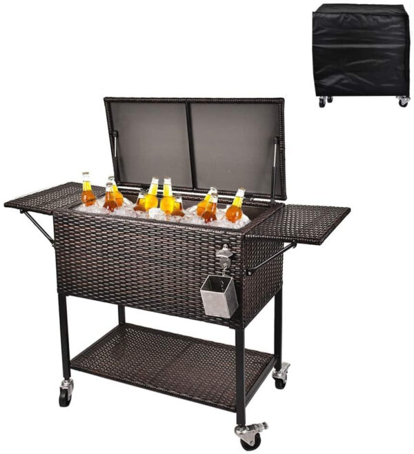 b80199f8e6de46a68cfbf6c17dd619ea 80 Quart Rattan Rolling Cooler Cart, Portable Wicker Cooler Trolley, Backyard Party Drink Beverage Bar