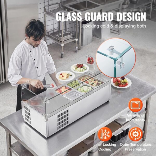 b92c66ee623449938e8e165a09acc99d Refrigerated Condiment Prep Station, 135 W Countertop Refrigerated Condiment Station, with 2 1/3 Pans & 4 1/6 Pans, 304 Stainless Body and PC Lid, Sandwich Prep Table with Stainless Guard, ETL