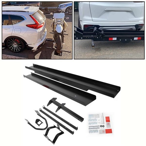 Kojem 79 Motorcycle Carrier Dirt Bike Rack 600 lbs Capacity Black Heavy Duty Steel 2 Hitch Mount Hauler w/ Loading Ramp