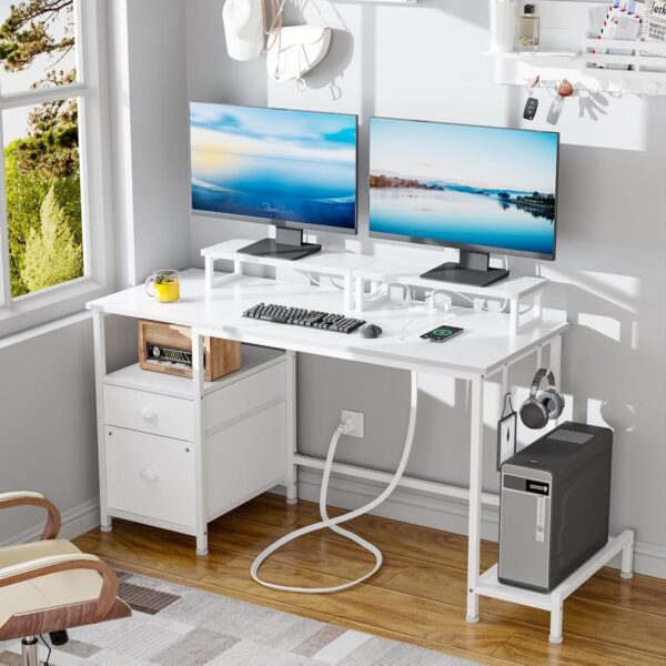 b94eb5ff4c464d18a466c7649d711e52 Furologee Computer Desk with Drawer and Power Outlets, 47′′ Office Desk with 2 Monitor Stands and Fabric File Cabinet, Writing Gaming Table with Shelves and 2 Hooks for Home Office, Rustic Brown