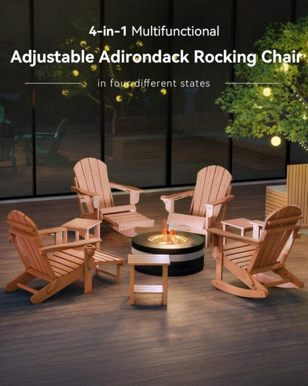 b965537982a8484ebd8bb7166c05b381 Folding Adirondack Rocking Chair,4-in-1 Multifunctional Patio Chair with Retractable Ottoman, Outdoor Chair Wood Texture, Lawn Chair for Porch, Backyard, Pool(Grey)