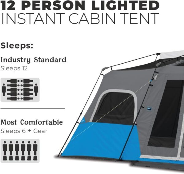 CORE Instant Cabin Tents with LED Lights | 6 Person / 9 Person / 12 Person Family Multi Room Lighted Pop Up Tents for Camping | Included Storage Pockets for Camping Accessories