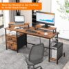 Furologee Computer Desk with Drawer and Power Outlets, 47′′ Office Desk with 2 Monitor Stands and Fabric File Cabinet, Writing Gaming Table with Shelves and 2 Hooks for Home Office, Rustic Brown