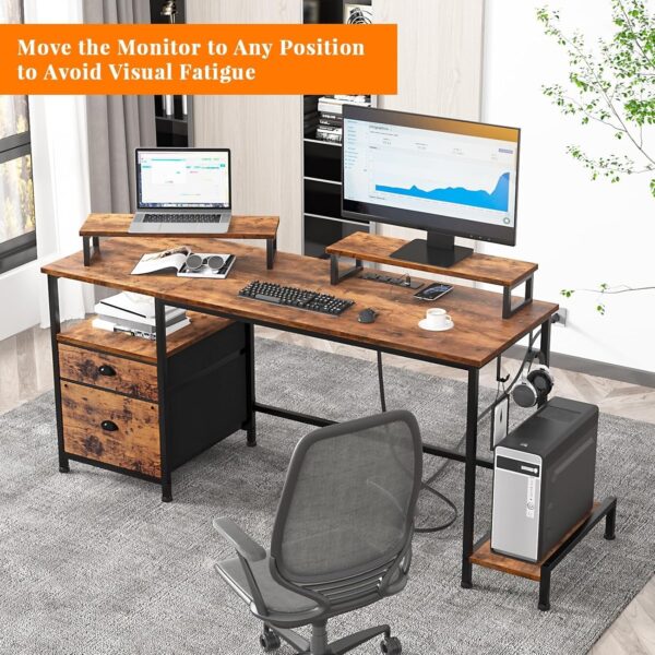 b9a77c0abfec4711b3c7c3366ebe67d9 Furologee Computer Desk with Drawer and Power Outlets, 47′′ Office Desk with 2 Monitor Stands and Fabric File Cabinet, Writing Gaming Table with Shelves and 2 Hooks for Home Office, Rustic Brown