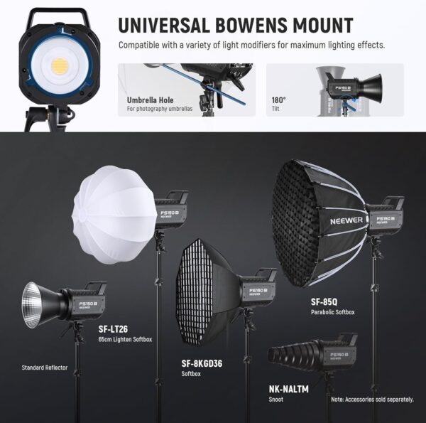 130W RGB LED Video Light APP/2.4G Control 17 Effects, 2500-7500K 19800lux/1m COB Continuous Lighting Output with CRI97/TLCI98 4 Dimming Curves, Spotlight for Studio Shoots, FS150C