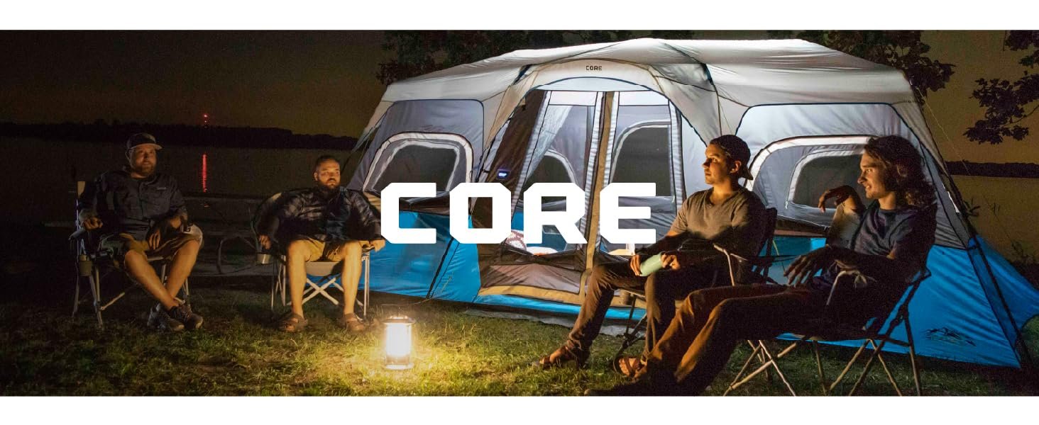 CORE 12 Person Instant Tent with LED Lights | Large Family Cabin Multi Room Tent for Camping