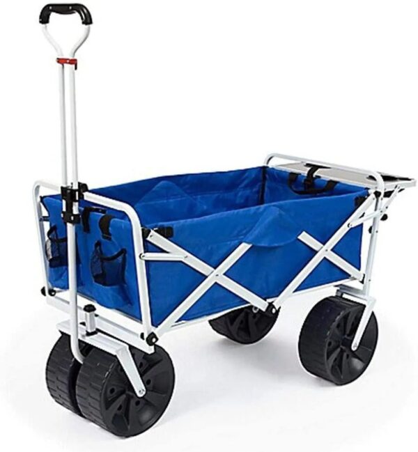 All Terrain Beach Wagon with Side Table|Heavy Duty Collapsible Folding Cart with Large Wheels for Beach Day, Picnic, Camping, Outdoor Activities | Blue/White