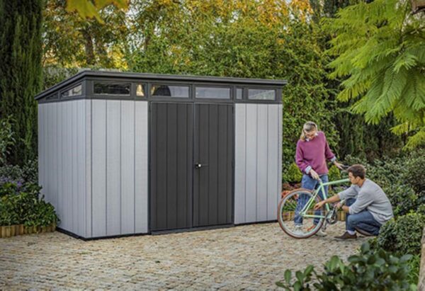 Keter Artisan 11×7 Modern Resin Outdoor Storage Shed Kit-Perfect to Store Patio Furniture, Garden Tools Bike Accessories, Beach Chairs and Lawn Mower, Grey & Black