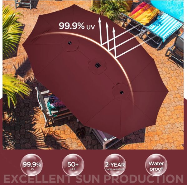 bb4dada5639a4b07a4bccb70406ad433 15 ft Large Patio Umbrella with Solar Lights Double-Sided Outdoor Rectangle Market Umbrellas with 36 LED Lights/Base Included/Easy Crank for Patio Garden Yard Pool Lawn, Brown