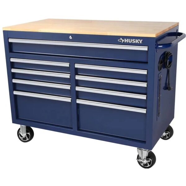 bb58264bc69044cd90fd85673b4bf790 46 in. W x 24.5 in. D 9-Drawer Gloss Black Deep Tool Chest Mobile Workbench with Hardwood Top and Power Station
