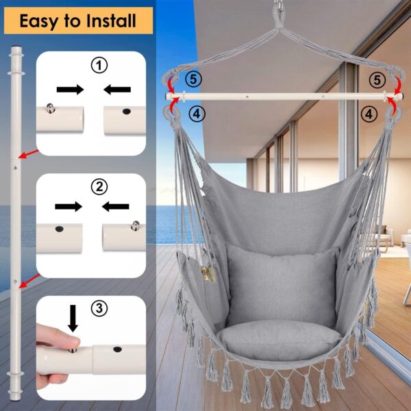 bcd1d6a25b5242eabed266b33894d91a Y- Stop Hammock Chair Hanging Rope Swing, Max 500 Lbs, 2 Cushions Included, Large Macrame Hanging Chair with Pocket for Superior Comfort, with Hardware Kit (Beige)