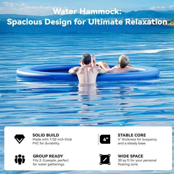 bd58757125fe49c0b6c0b13802fe53e9 Round Inflatable Floating Dock, Sunchill Float Ring, Hammock Tanning Pool with 4in Woven Fabric, Manual Pump for 1-2 Min Quick Inflate/Deflate, Fits 2-8, Ideal for Lakes, Pools, Oceans