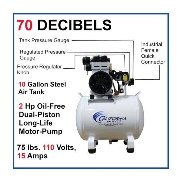 California Air Tools 10020CHAD 10 Gal. 2.0 HP Ultra-Quiet and Oil-Free Electric Stationary Air Compressor with Auto Drain