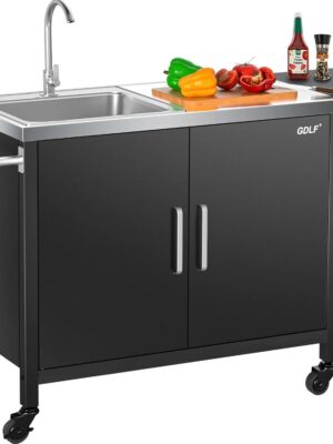 Outdoor Grill Table with Stainless Steel Sink – Metal Grill Cart Kitchen Island