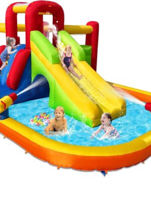 Bounce House Inflatable Water Slide for Kids, Water Park With Splash Pool, Double Cannon, 2 Climbing Walls, Obstacles, Blow Up Jumping Castle With Blower