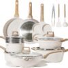 22pcs Pots and Pans Set Nonstick, Cookware Set White Granite Induction Kitchen Cooking Set w/Frying Pans & Saucepans& Grill Pan(PFOS, PFOA Free)
