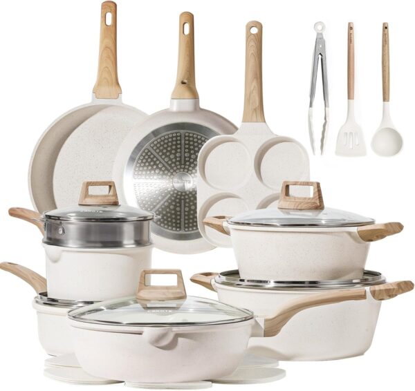 22pcs Pots and Pans Set Nonstick, Cookware Set White Granite Induction Kitchen Cooking Set w/Frying Pans & Saucepans& Grill Pan(PFOS, PFOA Free)