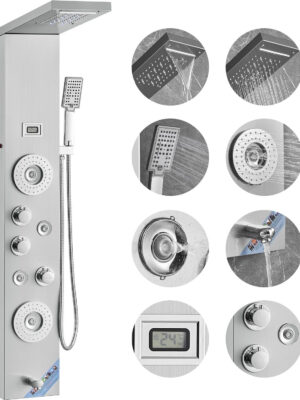 Shower Panel System, 6 Shower Modes, LED & Display Shower Panel Tower, Rainfall, Waterfall, 4 Body Massage Jets, Tub Spout, Handheld Shower Head 59′′ Hose, Stainless Steel Wall-Mounted Shower Set