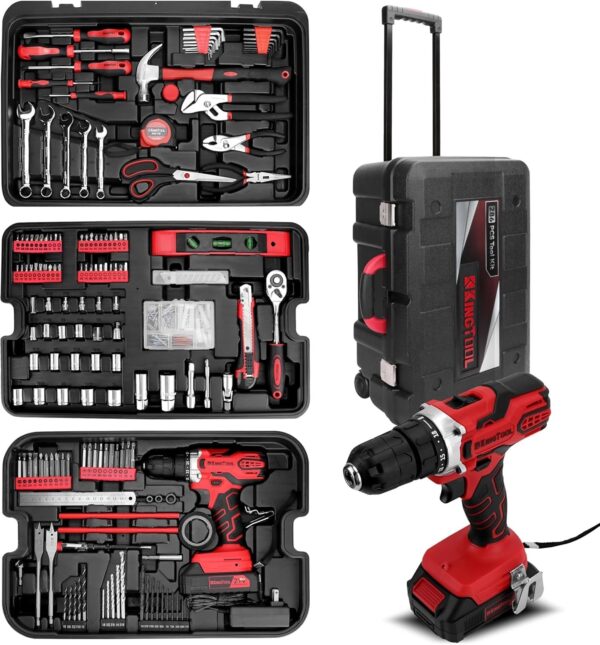 KINGTOOL Home Tool Set Kit – 286 PCS Home Auto Repair Tool Kit with Rolling Tool Box, Mechanic Tool Sets with 21V Max Cordless Power drill, Perfect for Homeowner, Diyer, Handyman